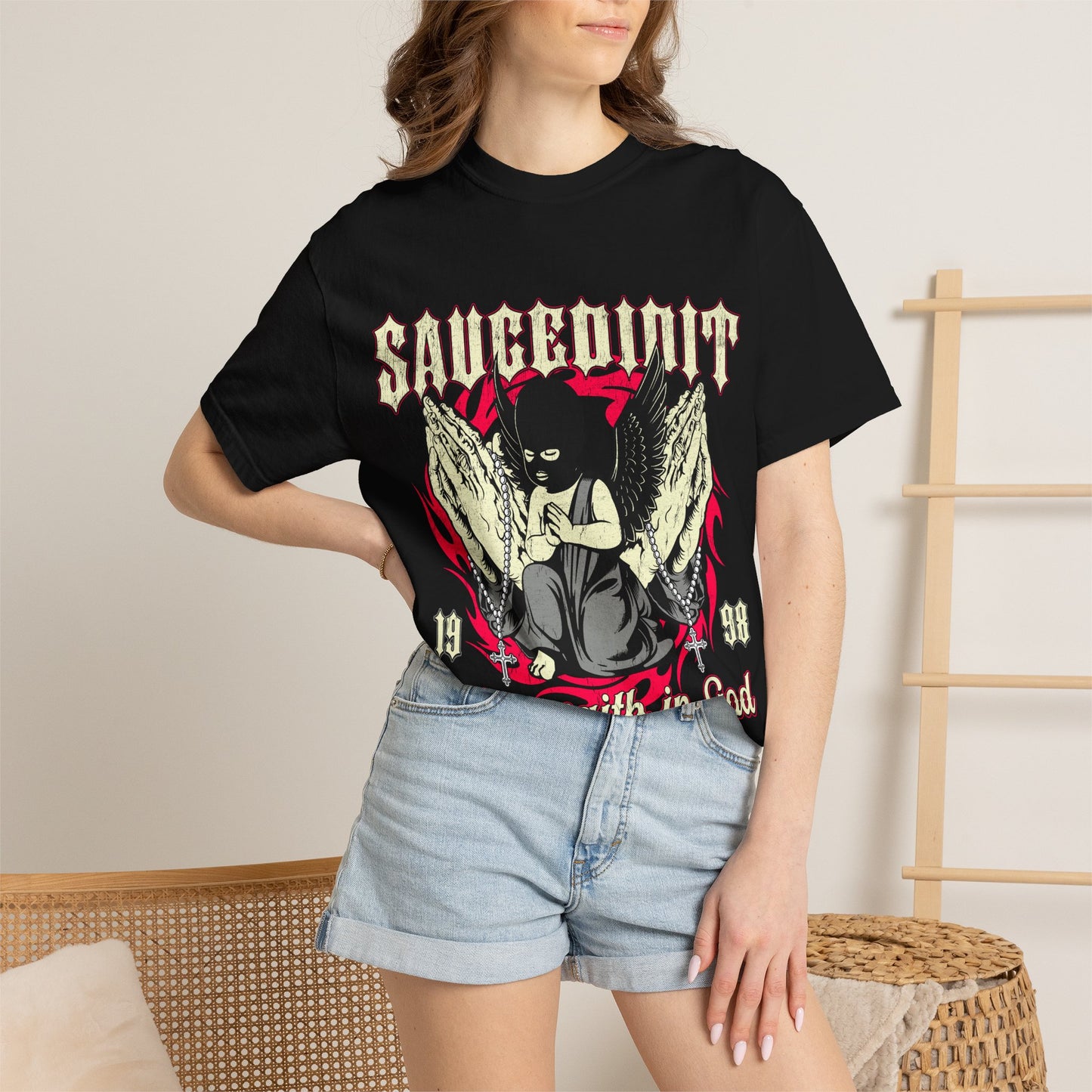 Saucligious Graphic T-Shirt — "Have Faith in God" Angel Design