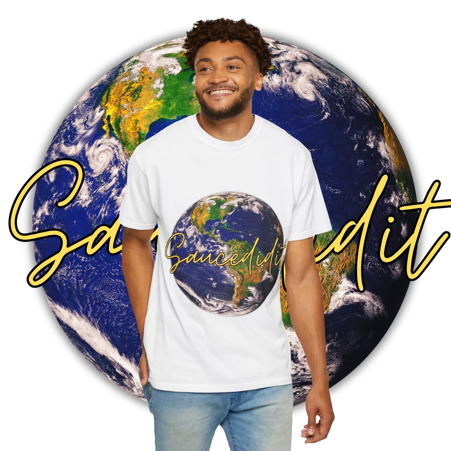 Earth Graphic T‑Shirt — 'Saucedidit' Script Planet Tee