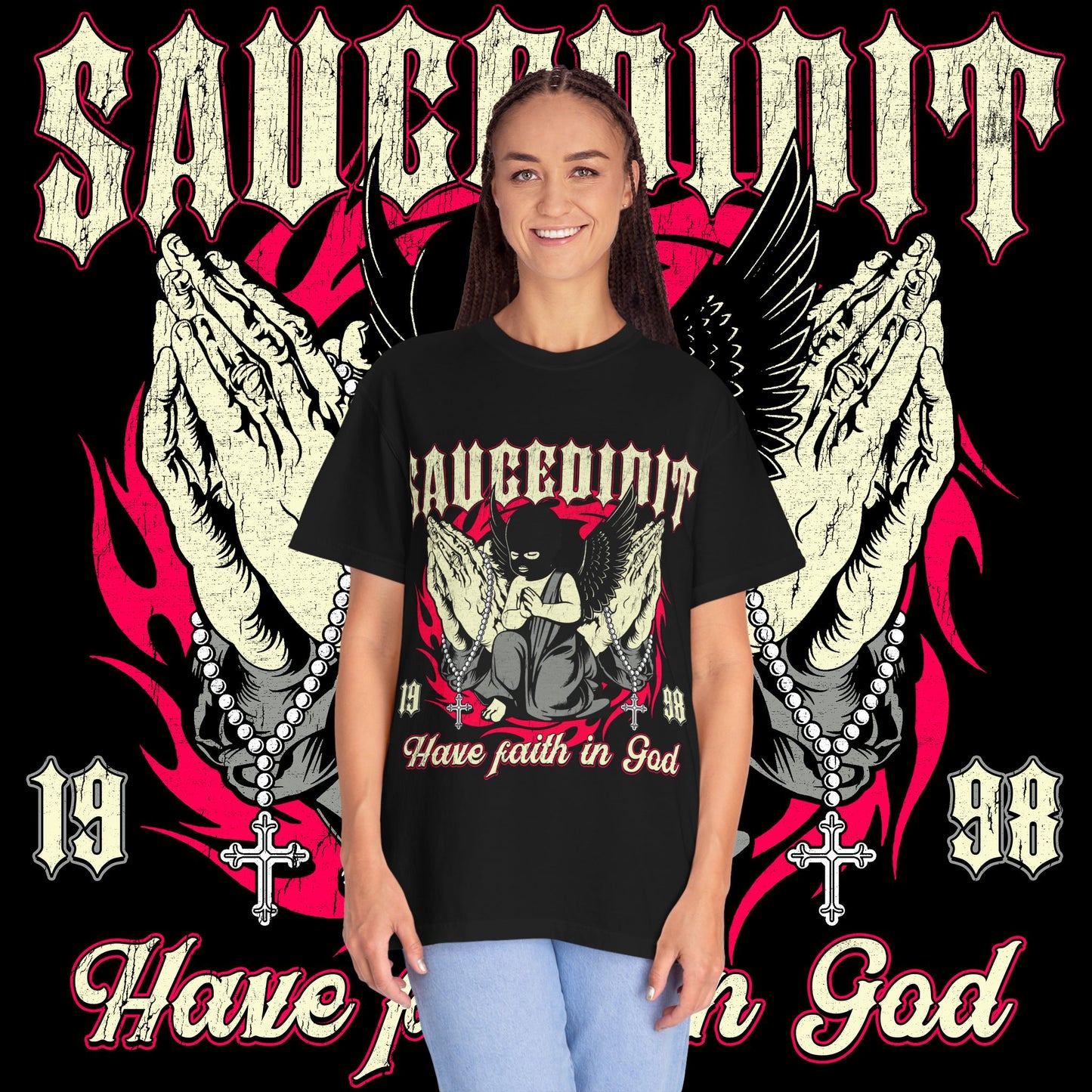 Saucligious Graphic T-Shirt — "Have Faith in God" Angel Design