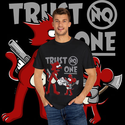 Trust No One Unisex Garment-Dyed T-Shirt, Streetwear Tee, Cartoon Graphic Shirt, Cool Humor Apparel, Gift for Friends
