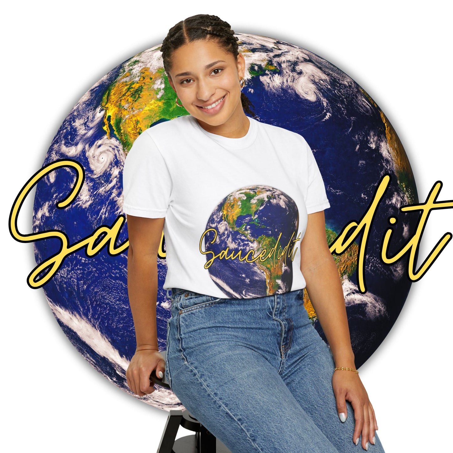 Earth Graphic T‑Shirt — 'Saucedidit' Script Planet Tee